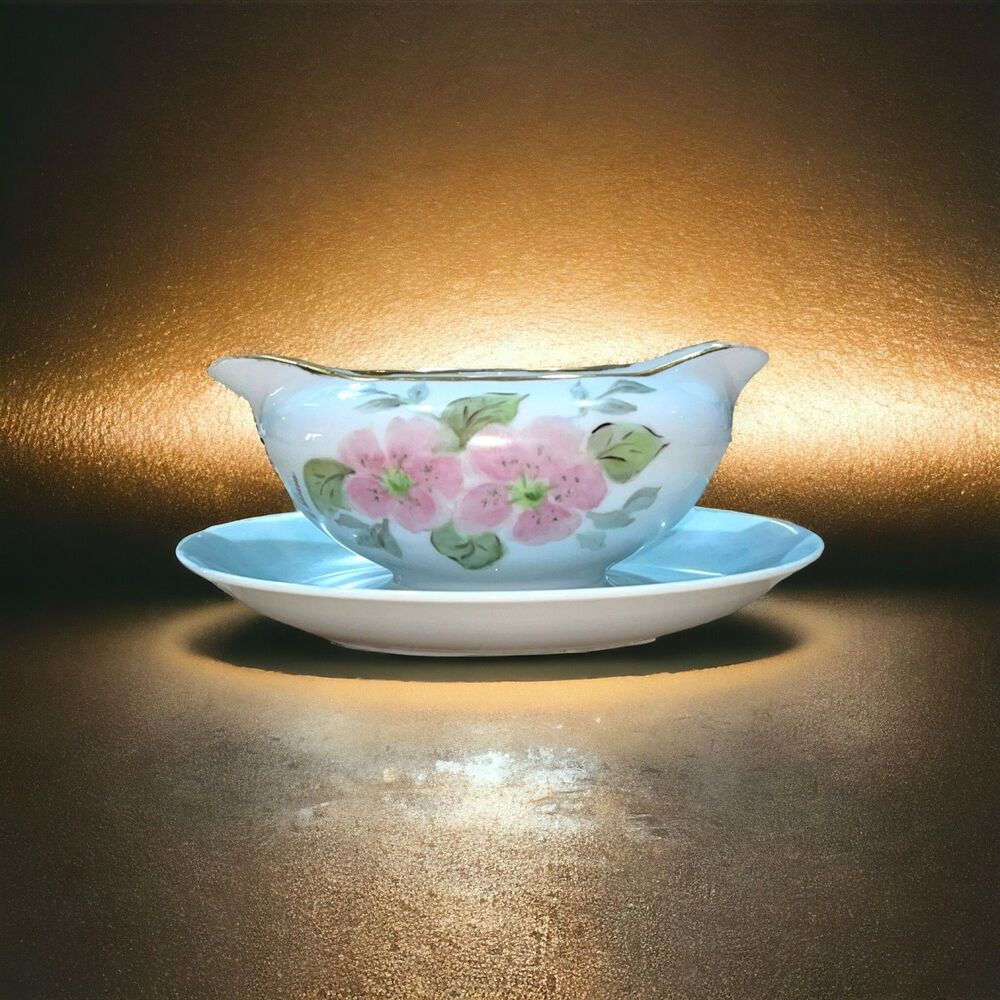 Mid-century hand-painted China (1950s) by G. Shearer Gravy Boat Attached Saucer
